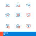 Set line Location shield, House with, Contract, Life insurance, Safe, flood and Briefcase icon. Vector