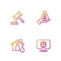 Set line Location shield, House flood, Judge gavel and Money in hand. Gradient color icons. Vector