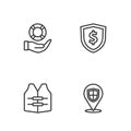 Set line Location shield, Life jacket, Lifebuoy in hand and Shield with dollar icon. Vector Royalty Free Stock Photo