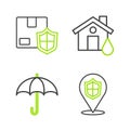Set line Location shield, Umbrella, House flood and Delivery security with icon. Vector
