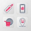 Set line Location shopping cart, Shopping with globe, Mobile and basket and Price tag Free icon. Vector