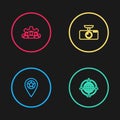 Set line Location with star, Outsourcing concept, Car DVR and Project team base icon. Vector Royalty Free Stock Photo