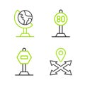 Set line Location, Stop sign, Speed limit traffic and Earth globe icon. Vector