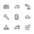 Set line Location taxi car, Taxi, mobile app, Mobile banking, driver, license, insurance and Wrench spanner icon. Vector