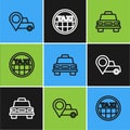 Set line Location with taxi, Taxi car and roof icon. Vector