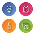 Set line Location with taxi, Tram and railway, Car key remote and . Color circle button. Vector