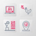 Set line Location and tree, Flower status, Chicken farm camera and Laptop application for smart icon. Vector Royalty Free Stock Photo