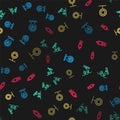 Set line Location and tree, Smart farm with drone, Flower and Portable sensor on seamless pattern. Vector