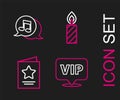 Set line Location Vip, Greeting card, Birthday cake candles and Musical note speech bubble icon. Vector Royalty Free Stock Photo