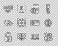 Set line Lock with bitcoin, Bitcoin, circuit, Server, Blockchain technology, Mining from laptop and CPU mining farm icon Royalty Free Stock Photo