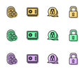 Set line Lock, Cancelled fingerprint, Safe and icon. Vector