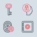 Set line Lock, Cancelled fingerprint, Safe and Old key icon. Vector