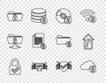 Set line Lock and check mark, Cloud computing lock, CD or DVD disk with, Computer api interface, Folder, Document, Cyber Royalty Free Stock Photo