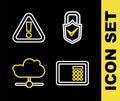 Set line Lock and check mark, Safe, Network cloud connection and Exclamation in triangle icon. Vector