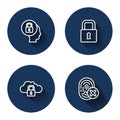 Set line Lock, Cloud computing lock and Cancelled fingerprint with long shadow. Blue circle button. Vector Royalty Free Stock Photo