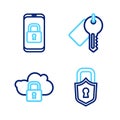 Set line Lock, Cloud computing lock, Marked key and Mobile with closed padlock icon. Vector