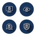 Set line Lock, Cloud computing lock, and Shield security with with long shadow. Blue circle button. Vector Royalty Free Stock Photo
