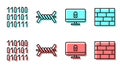 Set line Lock on computer monitor, Binary code, Barbed wire and Bricks icon. Vector