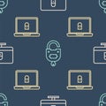 Set line Lock on computer monitor, Laptop and lock and Lock and key on seamless pattern. Vector