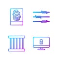 Set line Lock on computer monitor, Prison window, Fingerprint and Barbed wire. Gradient color icons. Vector Royalty Free Stock Photo