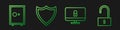 Set line Lock on computer monitor, Safe, Shield and Open padlock. Gradient color icons. Vector