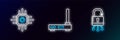 Set line Lock on digital circuit board, Processor and Router and wi-fi signal icon. Glowing neon. Vector Royalty Free Stock Photo