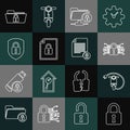 Set line Lock, Electric scooter, Cyber security, FTP folder and lock, Document, Shield with, Folder and icon. Vector Royalty Free Stock Photo