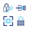 Set line Lock, Eye scan, Digital door lock with wireless and and key icon. Vector Royalty Free Stock Photo