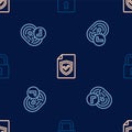 Set line Lock, Fingerprint and Contract with shield on seamless pattern. Vector Royalty Free Stock Photo