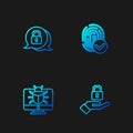Set line Lock in hand, System bug on monitor, Cyber security and Fingerprint. Gradient color icons. Vector
