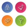 Set line Lock and heart, Dove, Heart and Balloon in form of. Color circle button. Vector