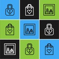 Set line Lock and heart, Family photo and Shopping bag with icon. Vector