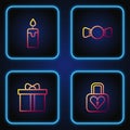 Set line Lock and heart, Gift box, Burning candle and Bow tie. Gradient color icons. Vector