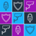 Set line Lock and key, Security camera and Shield icon. Vector