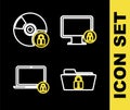Set line Lock on monitor, Folder and lock, Laptop and CD DVD disk with icon. Vector