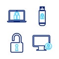 Set line Lock on monitor, Open padlock, USB flash drive with and Laptop and icon. Vector Royalty Free Stock Photo