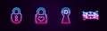 Set line Lock, Padlock with heart, Keyhole eye and VPN microchip circuit. Glowing neon icon. Vector