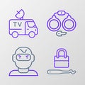 Set line Lock picks for lock picking, Thief mask, Handcuffs and TV News car icon. Vector Royalty Free Stock Photo