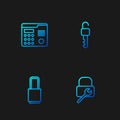 Set line Lock repair, , House intercom system and Unlocked key. Gradient color icons. Vector