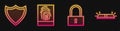 Set line Lock, Shield, Fingerprint and Flasher siren. Glowing neon icon. Vector