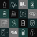 Set line Lock, Shield with VPN wireless, Invisible or hide, Server, Mobile and eye scan, Keyhole and Eye icon. Vector Royalty Free Stock Photo