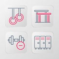 Set line Locker or changing room, Dumbbell, Uneven bars and Gymnastic rings icon. Vector Royalty Free Stock Photo