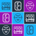 Set line Locker or changing room, Hockey mask and Air hockey table icon. Vector