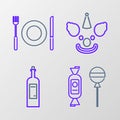 Set line Lollipop, Bottle of wine, Clown head and Plate, fork and knife icon. Vector