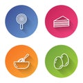 Set line Lollipop, Cake, Kitchen whisk and bowl and Easter eggs. Color circle button. Vector Royalty Free Stock Photo