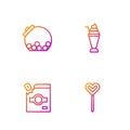 Set line Lollipop, Candy packaging for sweets, Glass jar with candies inside and Milkshake. Gradient color icons. Vector