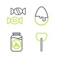 Set line Lollipop, Cherry jam jar, Chocolate egg and Candy icon. Vector