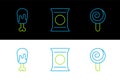 Set line Lollipop, Chicken leg and Bag or packet potato chips icon. Vector