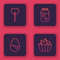 Set line Lollipop, Chocolate egg, Strawberry jam jar and Cupcake. Blue square button. Vector