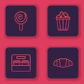 Set line Lollipop, Coffee cup to go, Popcorn in box and Croissant. Blue square button. Vector